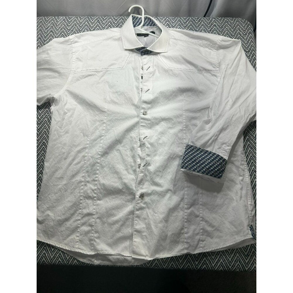 Men's Bogosse White Button-Down Shirt Blue Patterned Collar & Accents Size 7